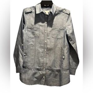 CHICO’S Linen Cotton Chambray Blue Coastal Chic Epaulets Top Size 1 US 8